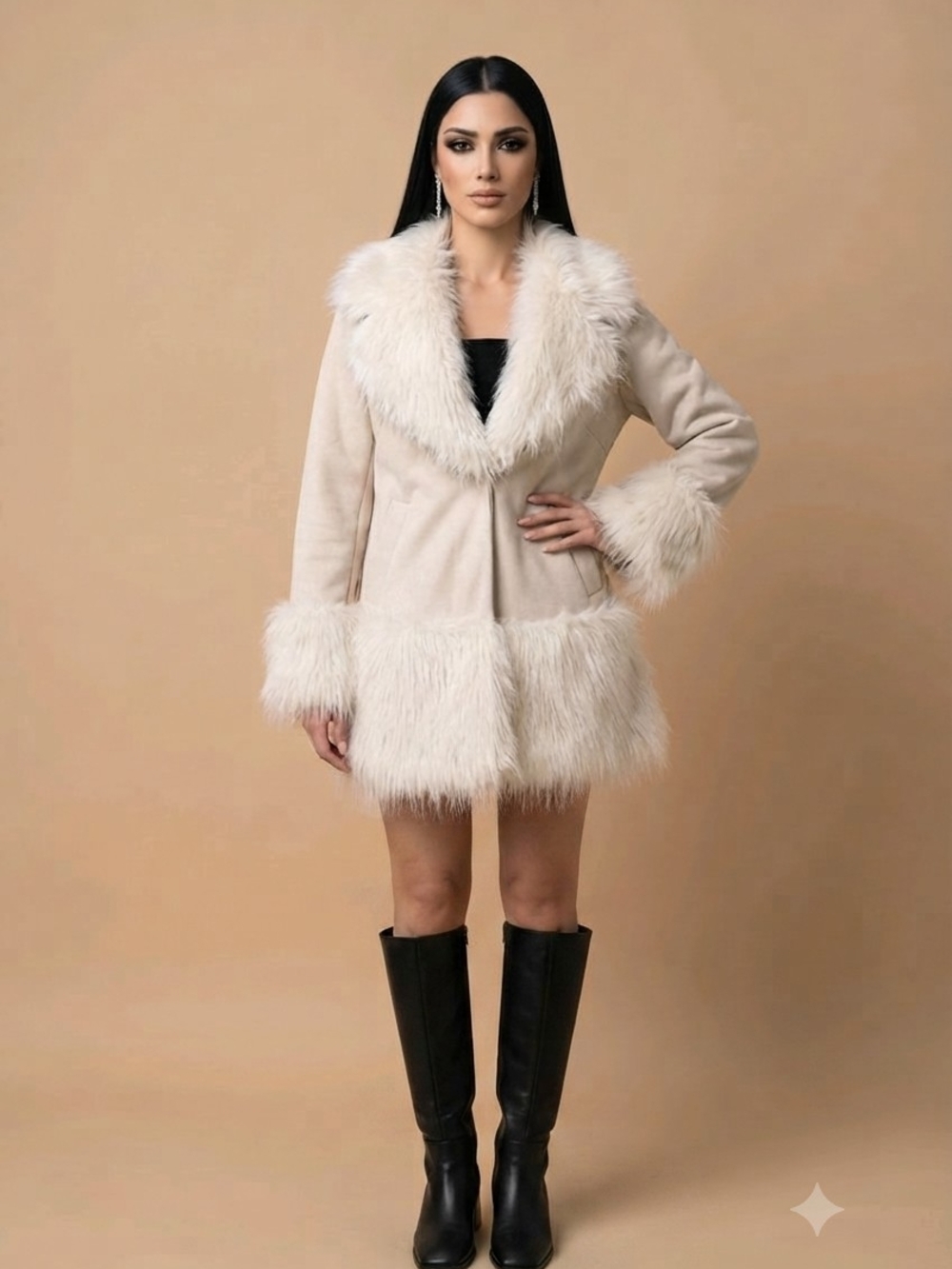 River Island Cream Faux Fur Trim Collared  Short  with Pockets Size USA 6